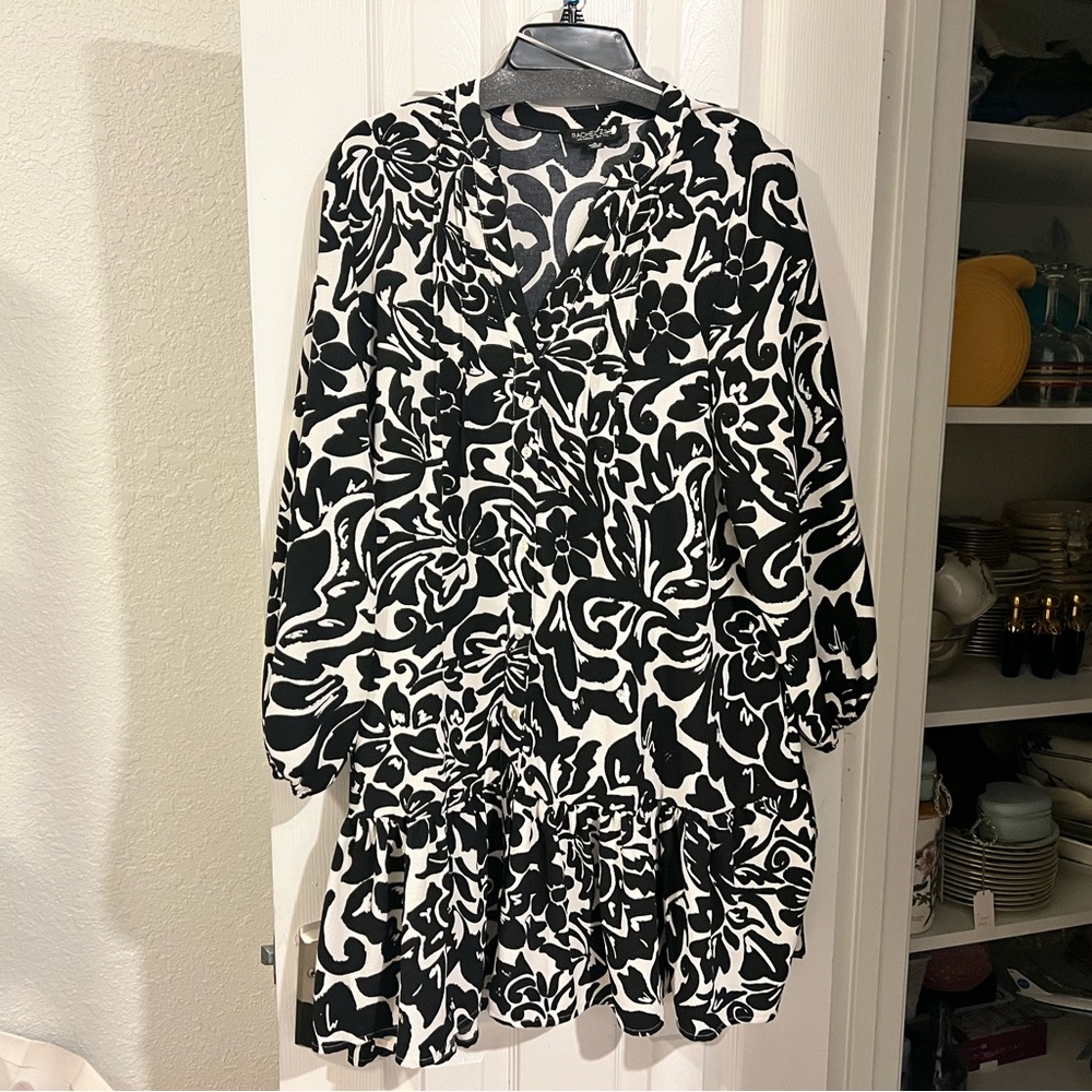 Rachel Zoe Black and White Patterned Long Sleeve Dress